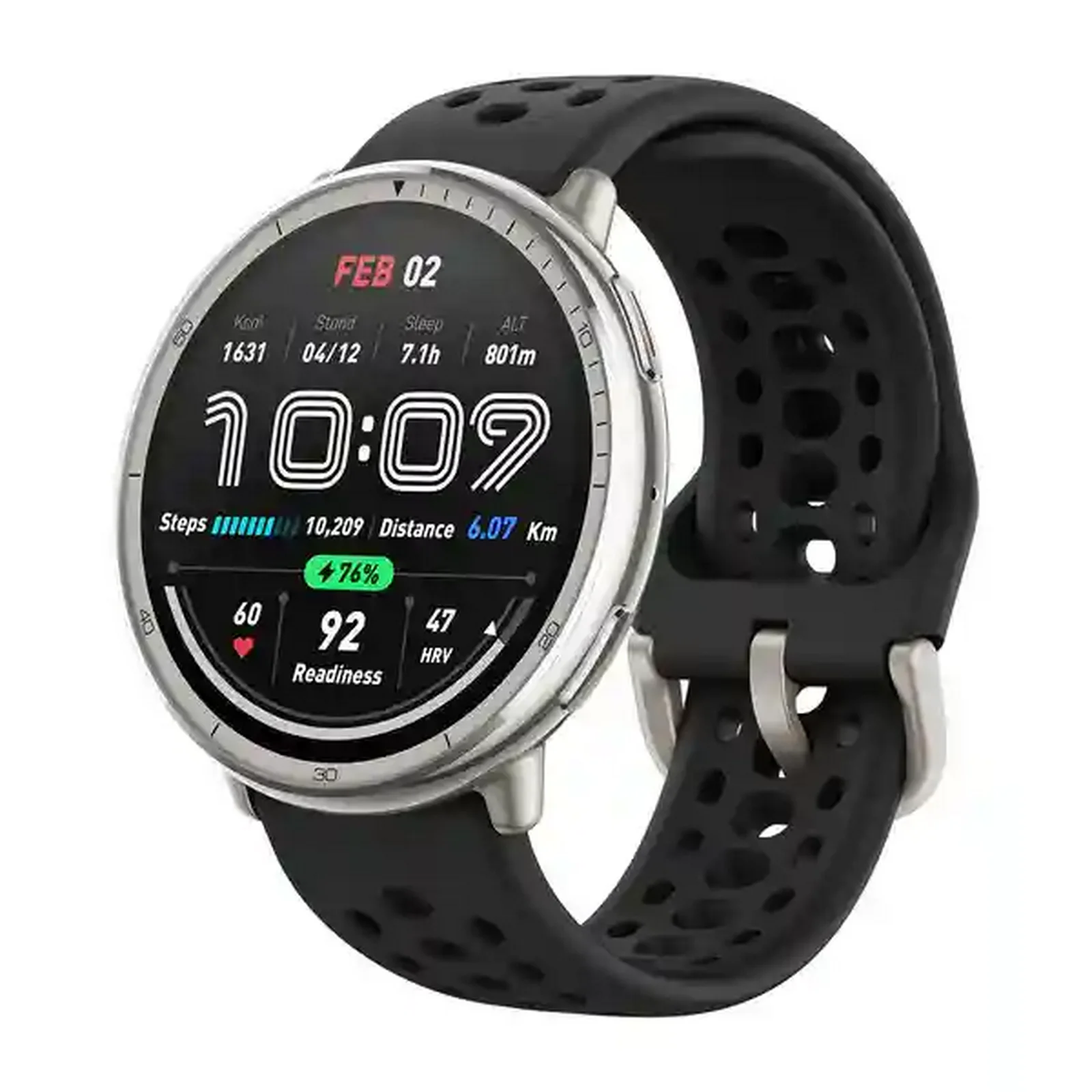 نمای اصلی ساعت هوشمند Amazfit Active 2 بند سیلیکونی ساعت هوشمند شیائومی Amazfit Active 2 با قاب نقرهای، صفحه گرد و بند سیلیکونی مشکی سوراخدار