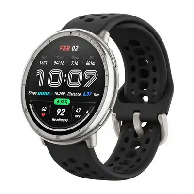 نمای اصلی ساعت هوشمند Amazfit Active 2 بند سیلیکونی ساعت هوشمند شیائومی Amazfit Active 2 با قاب نقرهای، صفحه گرد و بند سیلیکونی مشکی سوراخدار