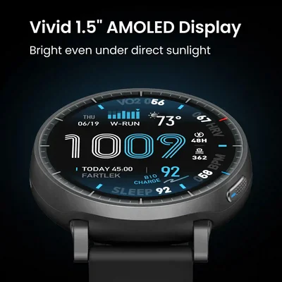 نمایشگر ۱.۵ اینچی AMOLED در Amazfit Active Max نمایشگر ۱.۵ اینچی AMOLED ساعت Amazfit Active Max با صفحه روشن روی پسزمینه تیره