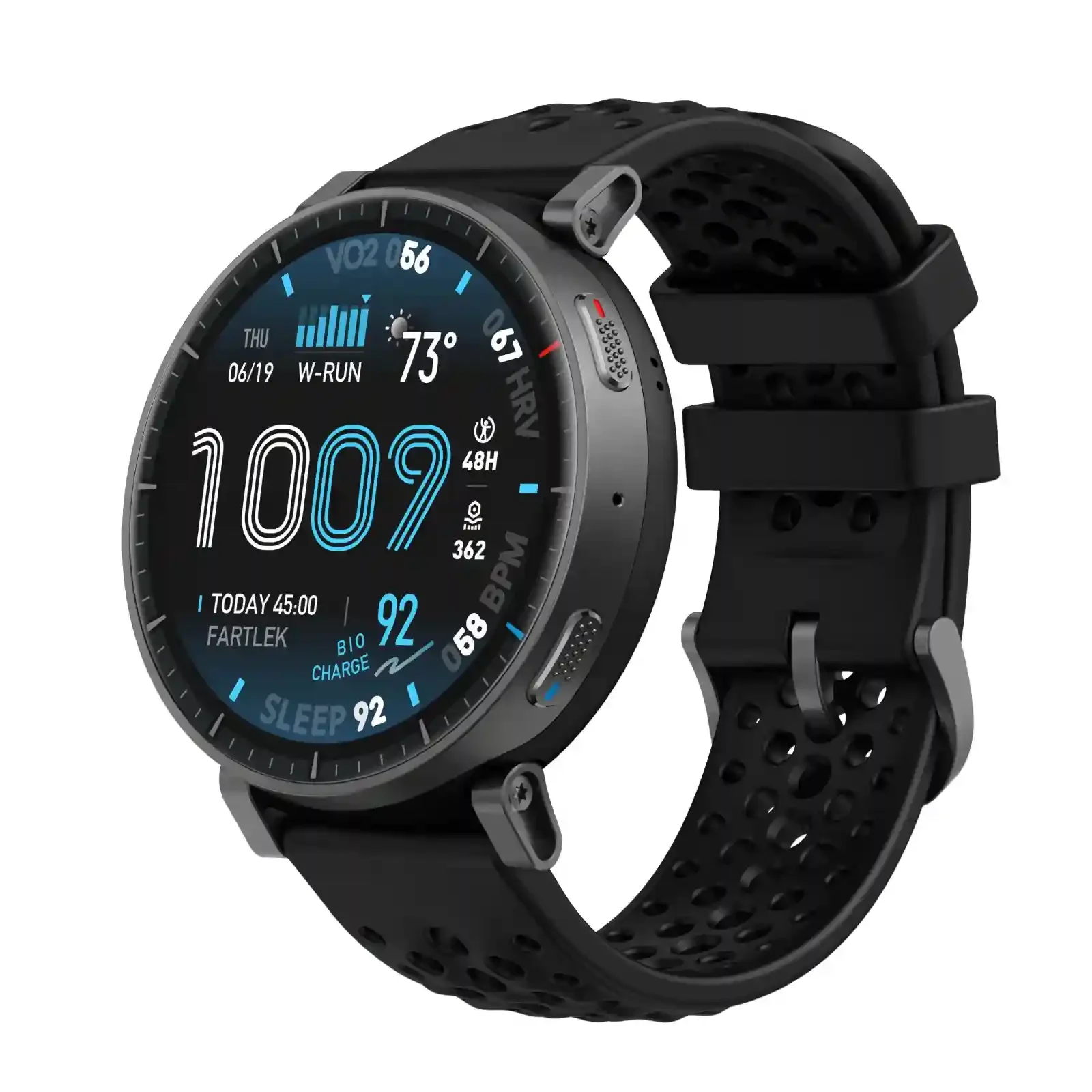 نمای اصلی ساعت هوشمند Amazfit Active Max ساعت هوشمند شیائومی Amazfit Active Max با صفحه گرد، بدنه خاکستری و بند مشکی سوراخدار