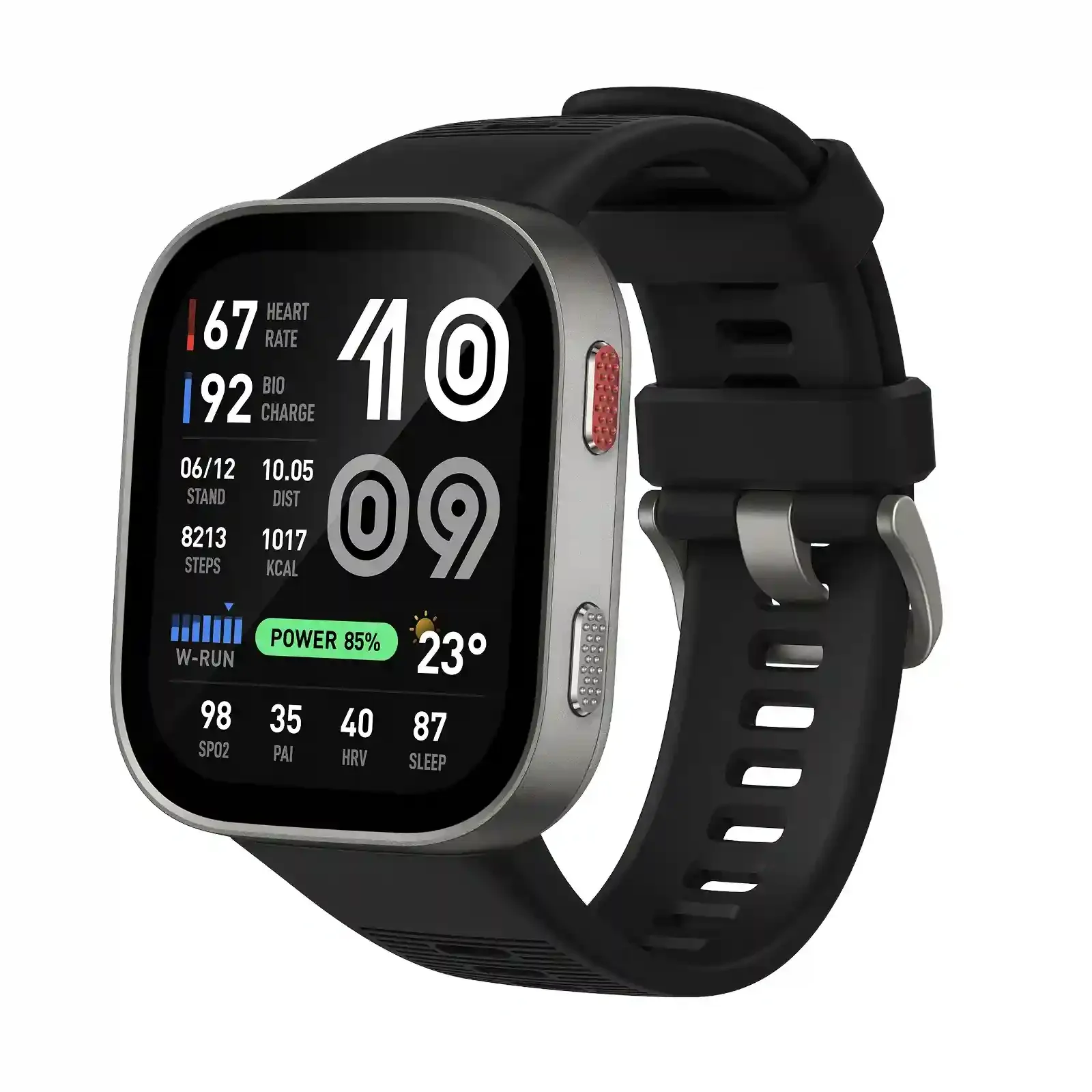 نمای اصلی ساعت هوشمند Amazfit BIP Max با بند مشکی ساعت هوشمند شیائومی Amazfit BIP Max با قاب نقرهای، بند مشکی و صفحه نمایش اطلاعات سلامت و فعالیت