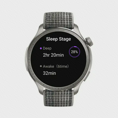 صفحه Sleep Stage امیزفیت بالانس با آمار خواب عمیق نمایش مراحل خواب روی ساعت Amazfit Balance نقرهای با بند پارچهای