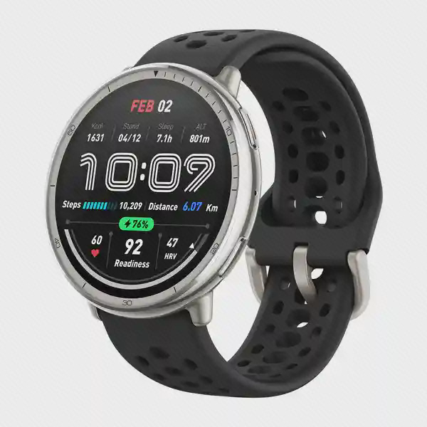 نمای اصلی ساعت هوشمند Amazfit Active 2 بند سیلیکونی ساعت هوشمند شیائومی Amazfit Active 2 با قاب نقرهای، صفحه گرد و بند سیلیکونی مشکی سوراخدار