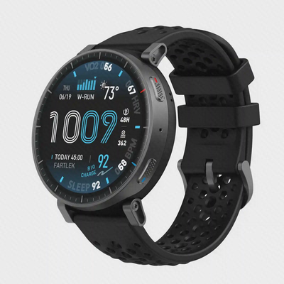 نمای اصلی ساعت هوشمند Amazfit Active Max ساعت هوشمند شیائومی Amazfit Active Max با صفحه گرد، بدنه خاکستری و بند مشکی سوراخدار
