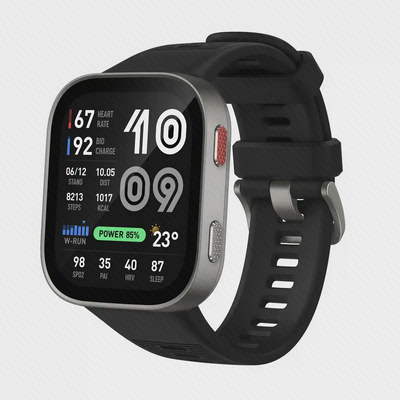 نمای اصلی ساعت هوشمند Amazfit BIP Max با بند مشکی ساعت هوشمند شیائومی Amazfit BIP Max با قاب نقرهای، بند مشکی و صفحه نمایش اطلاعات سلامت و فعالیت