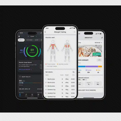 نمای اپ سلامت و تمرین Amazfit Active 2 سه صفحه اپ Amazfit Active 2 برای گزارش سلامت، تمرین قدرتی و ثبت وعده غذایی