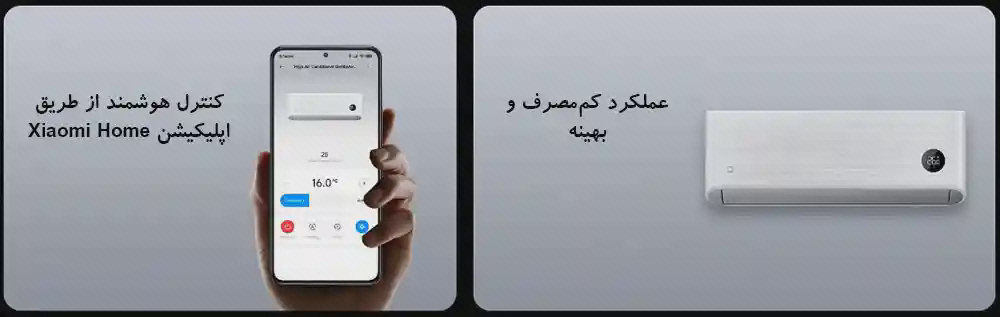 پوستر کنترل Xiaomi Home کولر Mijia GentleAir پوستر دو قاب GentleAir با گوشی دارای صفحه کنترل Xiaomi Home و تصویر یونیت دیواری سفید