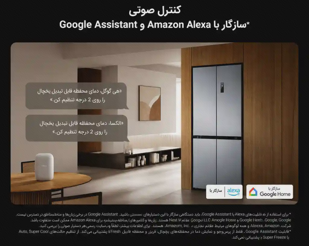 پوستر دستیار صوتی یخچال Mijia 502L پوستر کنترل صوتی یخچال 502L در آشپزخانه با نام Google Assistant و Amazon Alexa در بالا