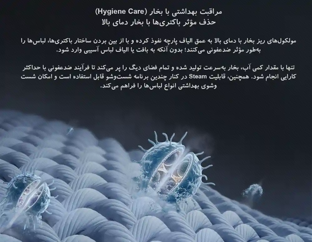 پوستر Hygiene Care لباسشویی Mijia Pro 9kg پوستر فارسی Hygiene Care لباسشویی Mijia Pro 9kg با طرح میکروسکوپی الیاف و ذرات در پایین