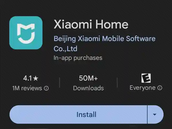 صفحه نصب برنامه Xiaomi Home صفحه فروشگاه Xiaomi Home با لوگوی آبی Mijia و دکمه آبی Install روی زمینه مشکی