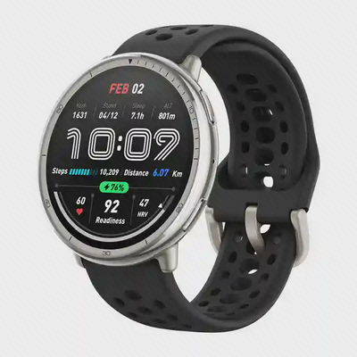 نمای اصلی ساعت هوشمند Amazfit Active 2 بند سیلیکونی ساعت هوشمند شیائومی Amazfit Active 2 با قاب نقرهای، صفحه گرد و بند سیلیکونی مشکی سوراخدار