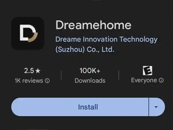 صفحه نصب برنامه Dreamehome صفحه فروشگاه برنامه Dreamehome با لوگوی D، نام سازنده و دکمه آبی Install روی زمینه مشکی