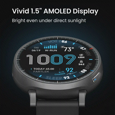 نمایشگر ۱.۵ اینچی AMOLED در Amazfit Active Max نمایشگر ۱.۵ اینچی AMOLED ساعت Amazfit Active Max با صفحه روشن روی پسزمینه تیره