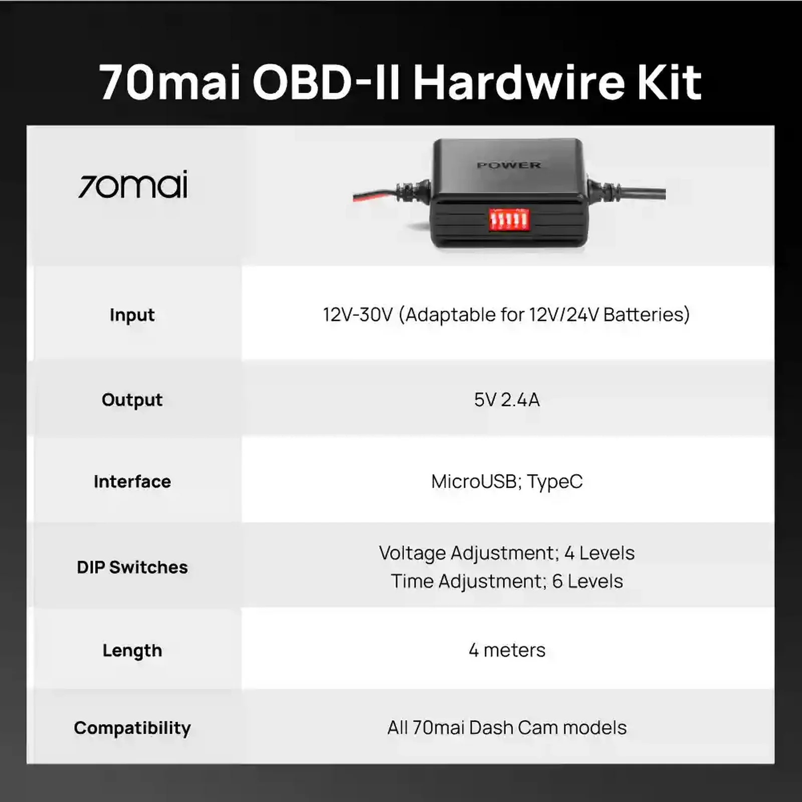 مشخصات فنی 70mai OBD-II Hardwire Kit جدول مشخصات کیت 70mai OBD-II با ورودی 12 تا 30 ولت و خروجی 5 ولت