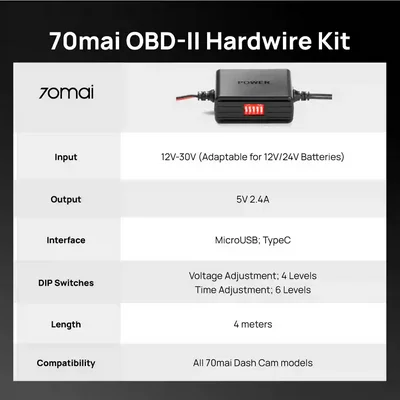جدول مشخصات کیت 70mai OBD-II با ورودی 12 تا 30 ولت و خروجی 5 ولت