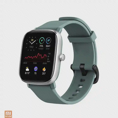 ساعت هوشمند Amazfit GTS 2 Mini سبز با قاب نقره‌ای از نمای مایل