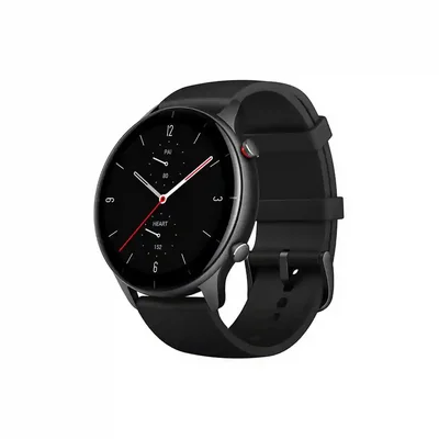 طراحی بند و بدنه ساعت هوشمند Amazfit GTR 2e نمای سهرخ ساعت Amazfit GTR 2e با بند مشکی و سگک فلزی