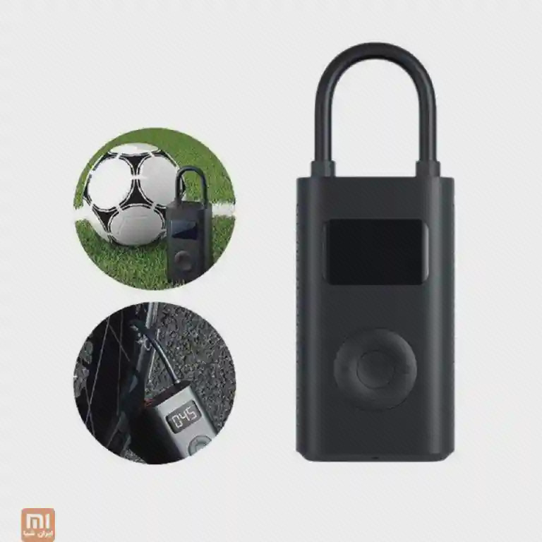 پمپ باد شیائومی MJCQB02QJ کنار تصاویر باد کردن توپ فوتبال و تایر دوچرخه