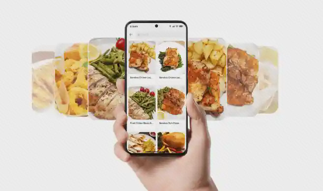 پوستر دستور غذاهای هواپز Xiaomi MAF-DS1201 گوشی با تصاویر دستور غذا در دست و مجموعه تصاویر غذا پشت آن در پوستر Xiaomi MAF-DS1201