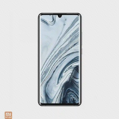 نمای جلوی گوشی Xiaomi Mi Note 10 گوشی شیائومی Mi Note 10 با نمایشگر خمیده و تصویر مرمری خاکستری