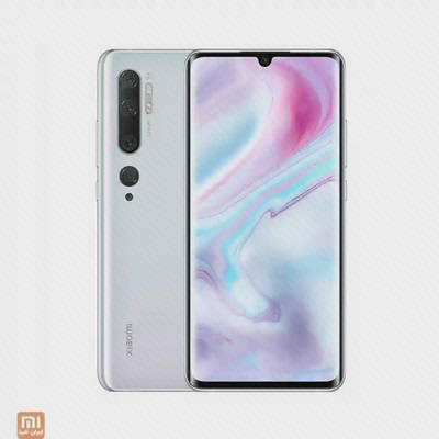 طراحی دوطرفه Mi Note 10 Pro سفید نمای جلو و پشت سفید گوشی Mi Note 10 Pro با مجموعه دوربین عمودی