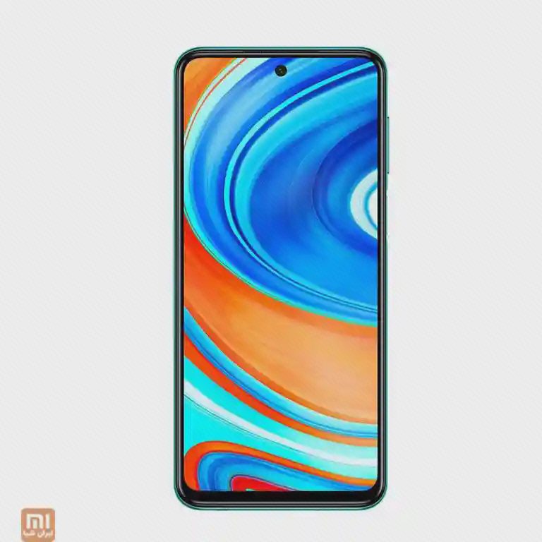 نمای روبه‌روی Redmi Note 9 Pro نسخه ۶۴ گیگ با صفحه آبی و نارنجی