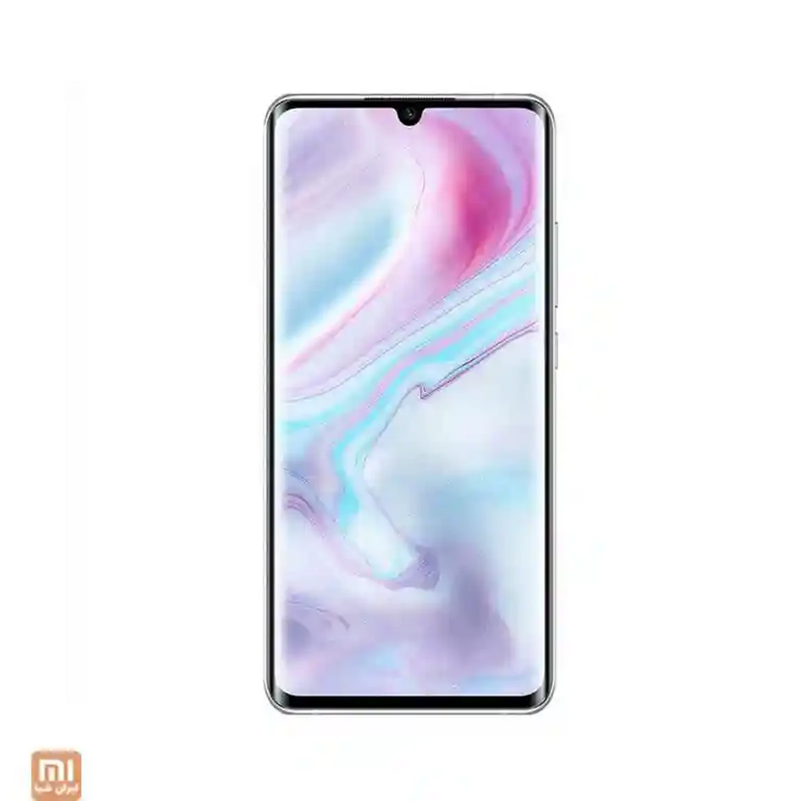 نمای جلوی Xiaomi Mi Note 10 Pro گوشی شیائومی Mi Note 10 Pro با نمایشگر خمیده و تصویر صورتی آبی
