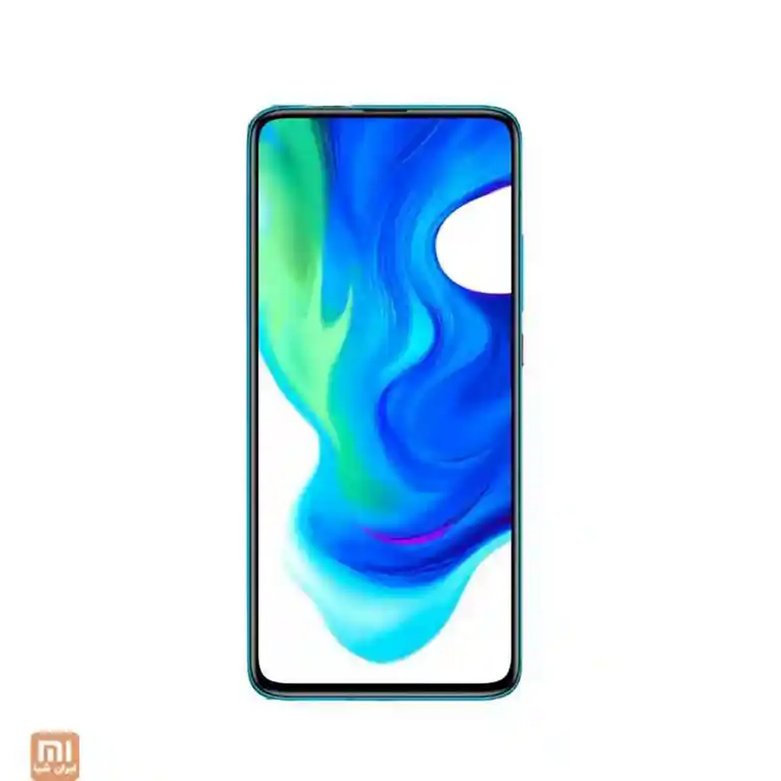 نمای جلوی گوشی Xiaomi Poco F2 Pro گوشی شیائومی Poco F2 Pro با نمایشگر تمامصفحه و تصویر زمینه آبی سبز