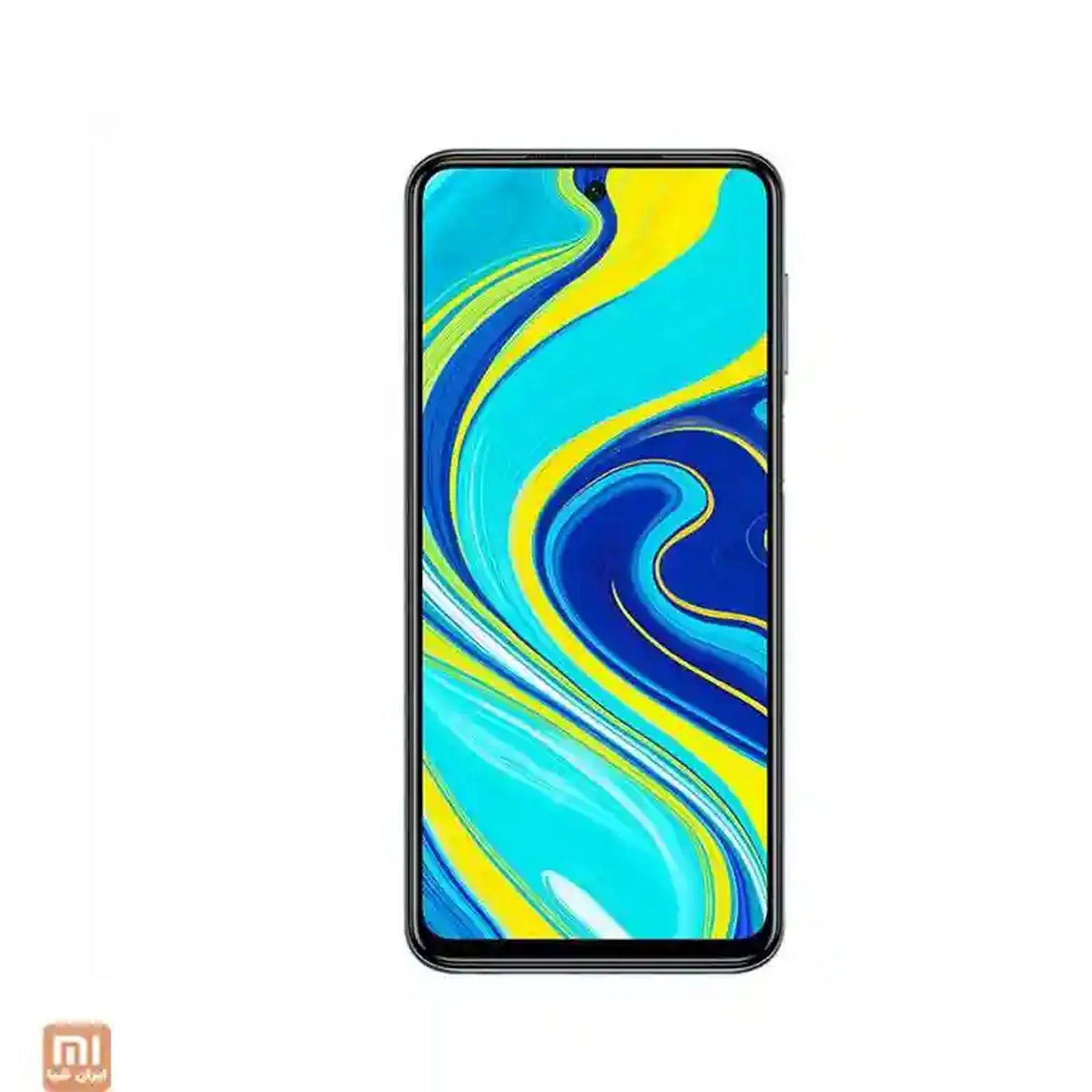 نمای جلوی گوشی Xiaomi Redmi Note 9S گوشی شیائومی Redmi Note 9S با نمایشگر بزرگ و تصویر زمینه آبی زرد