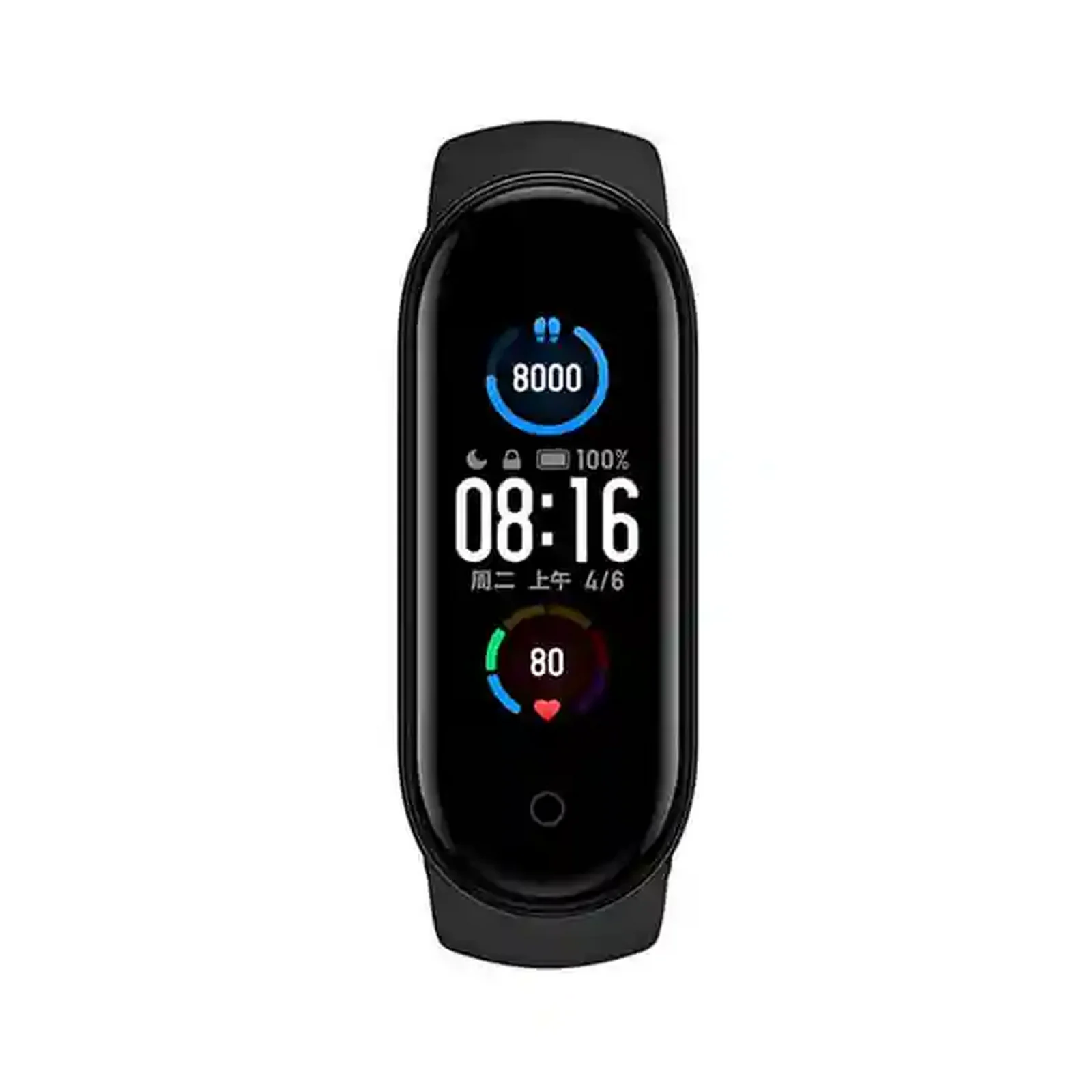 نمای روبهروی مچ بند شیائومی Mi Band 5 مچ بند هوشمند شیائومی Mi Band 5 مشکی با نمایشگر رنگی روشن