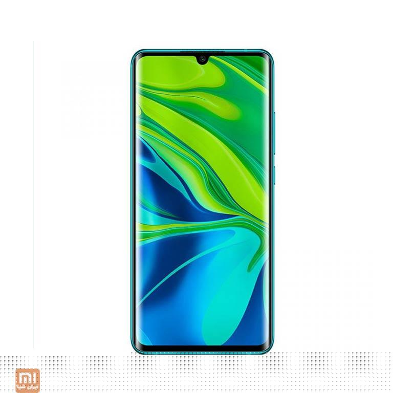 نمایشگر منحنی Xiaomi Mi Note 10 Pro نمای تمامصفحه گوشی Mi Note 10 Pro با تصویر زمینه سبز و فیروزهای