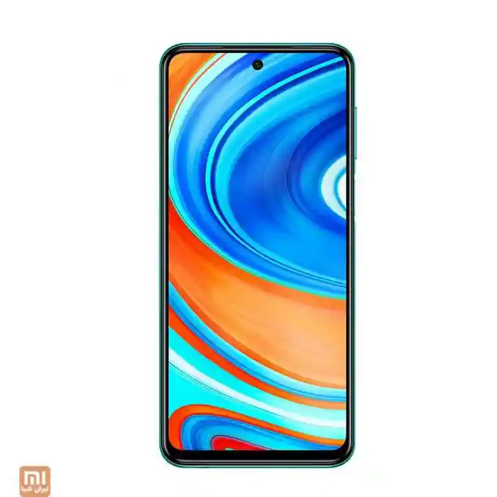 نمای روبه‌روی Redmi Note 9 Pro نسخه ۶۴ گیگ با صفحه آبی و نارنجی