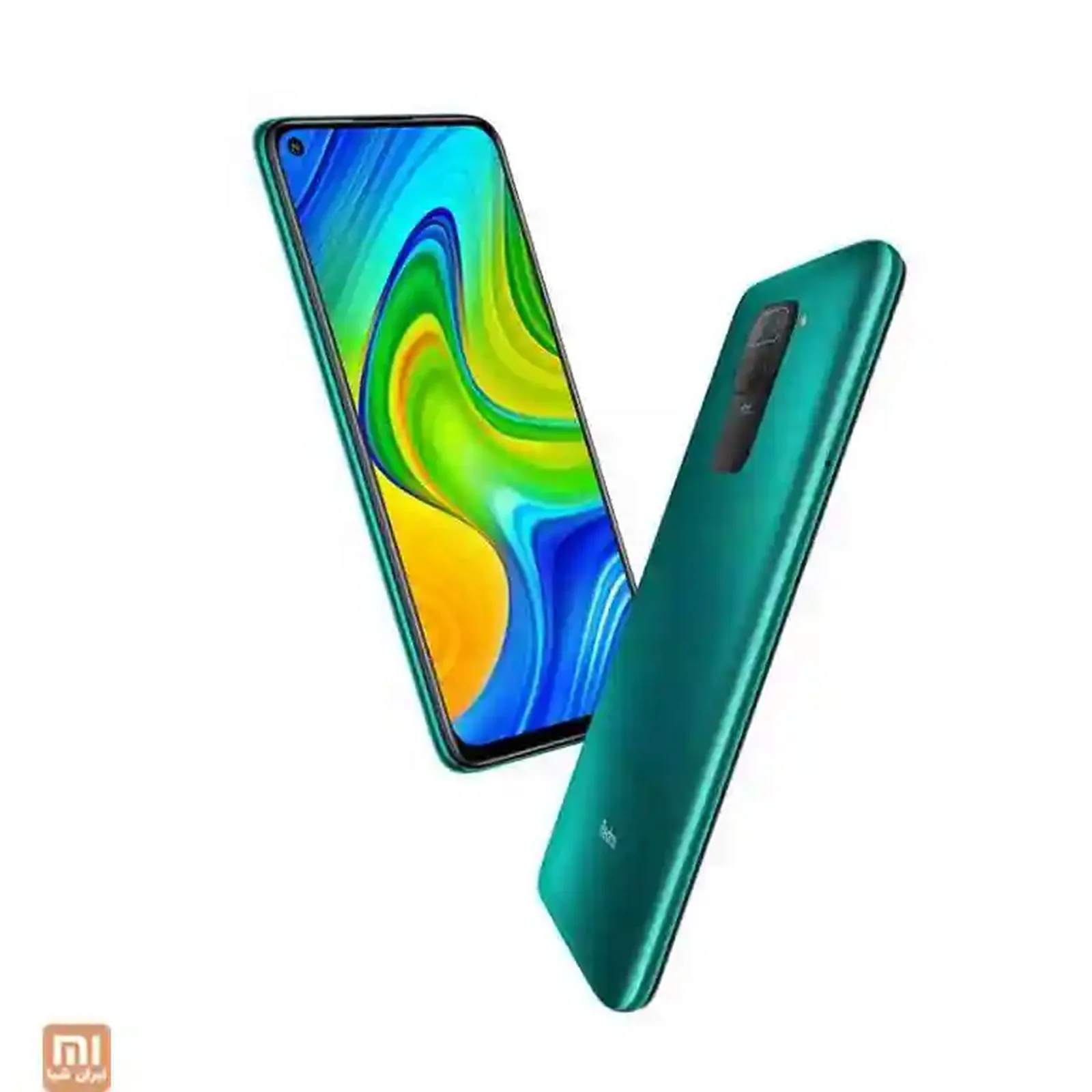 دو نمای مایل گوشی سبز Redmi 9 نسخه ۳۲ گیگ از جلو و پشت