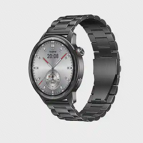 نمای اصلی ساعت هوشمند ریلمی Watch S2 ساعت هوشمند Realme Watch S2 مشکی با بند فلزی و صفحه گرد نقره ای
