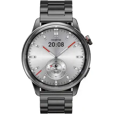 صفحه گرد Realme Watch S2 از نمای مستقیم نمای روبه روی صفحه ساعت هوشمند Realme Watch S2 با واچ فیس عقربه ای