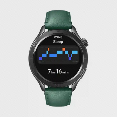 گزارش خواب در ساعت شیائومی Watch S4 پایش خواب Xiaomi Watch S4 با بند چرمی سبز و گزارش ۷ ساعت و ۱۶ دقیقه