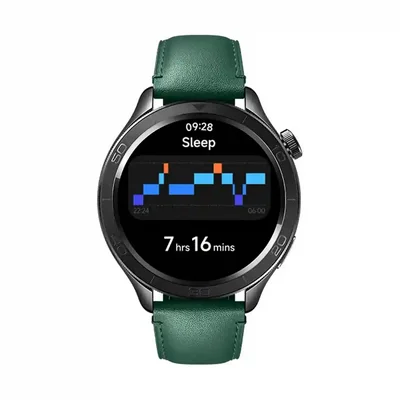 گزارش خواب در ساعت شیائومی Watch S4 پایش خواب Xiaomi Watch S4 با بند چرمی سبز و گزارش ۷ ساعت و ۱۶ دقیقه