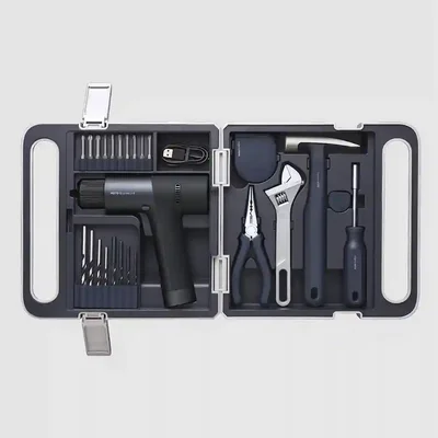 نمای کامل جعبه ابزار Hoto Brushless Drill Kit QWDZGJ001 جعبه ابزار شیائومی Hoto Brushless Drill Kit QWDZGJ001 باز با دریل و ابزار دستی