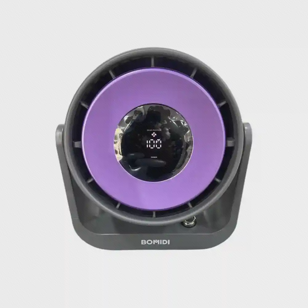 پنکه رومیزی شارژی خاکستری Bomidi DF02 با حلقه نور بنفش و نمایشگر ۱۰۰