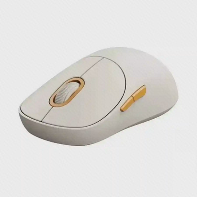 نمای سه‌رخ موس سفید Xiaomi Wireless Mouse 3 با اسکرول و دکمه‌های طلایی