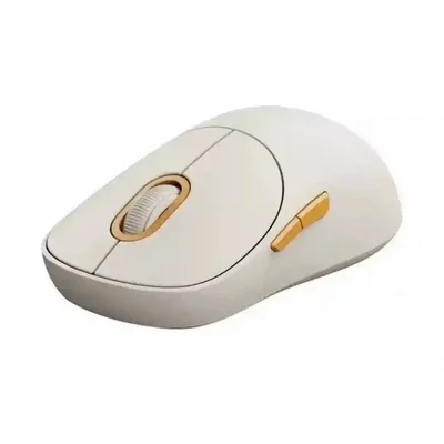 نمای سه‌رخ موس سفید Xiaomi Wireless Mouse 3 با اسکرول و دکمه‌های طلایی