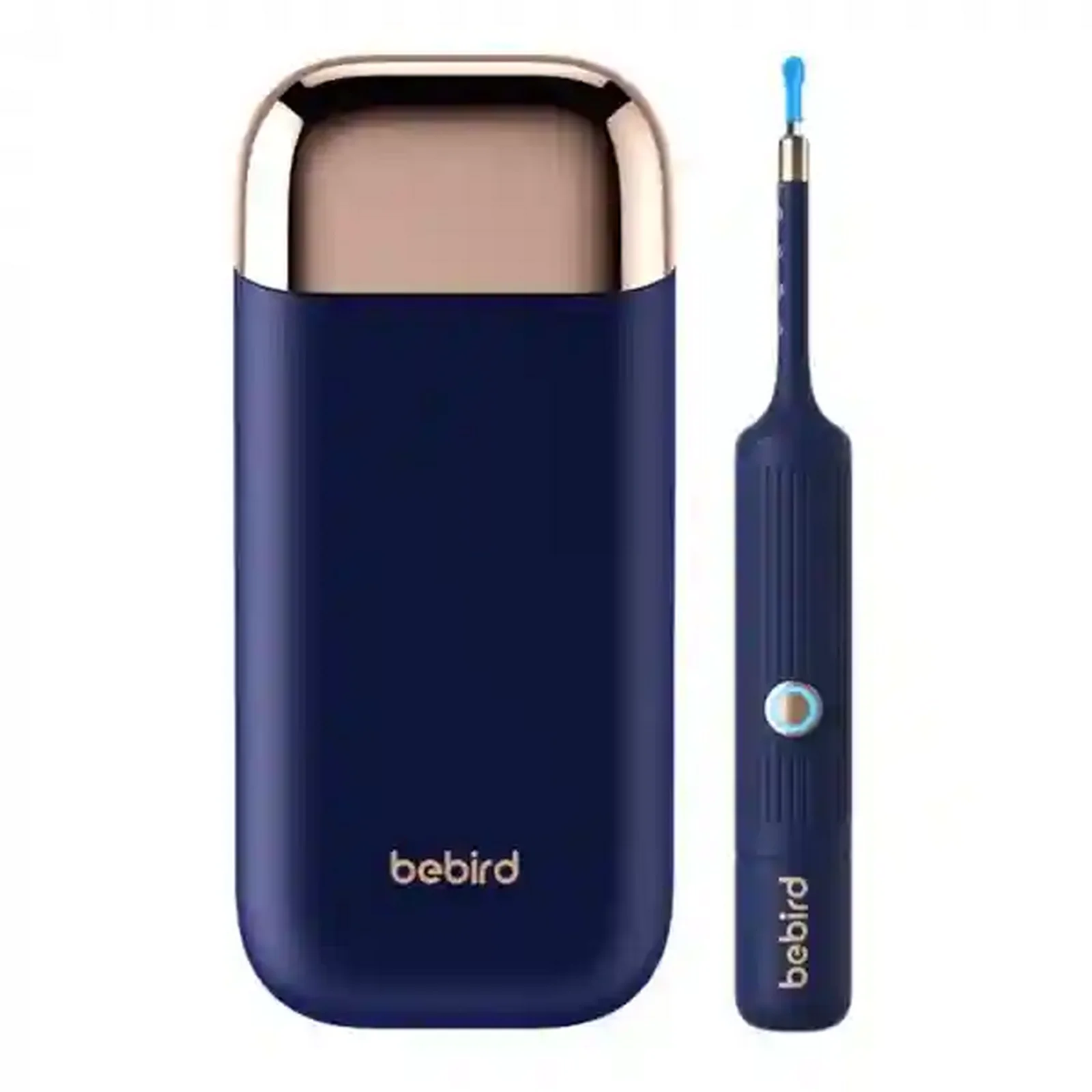 نمای بسته Bebird I35R سرمهای و کیس گوش پاککن سرمهای Bebird I35R با سری آبی کنار کیس بسته رزگلد