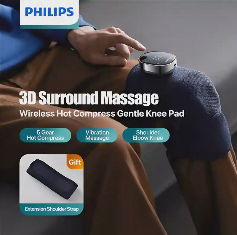 نمای کنترل ماساژور زانو Philips PPM5301 نمای نزدیک ماساژور Philips PPM5301 روی زانو با دست کنار کنترل گرد دستگاه