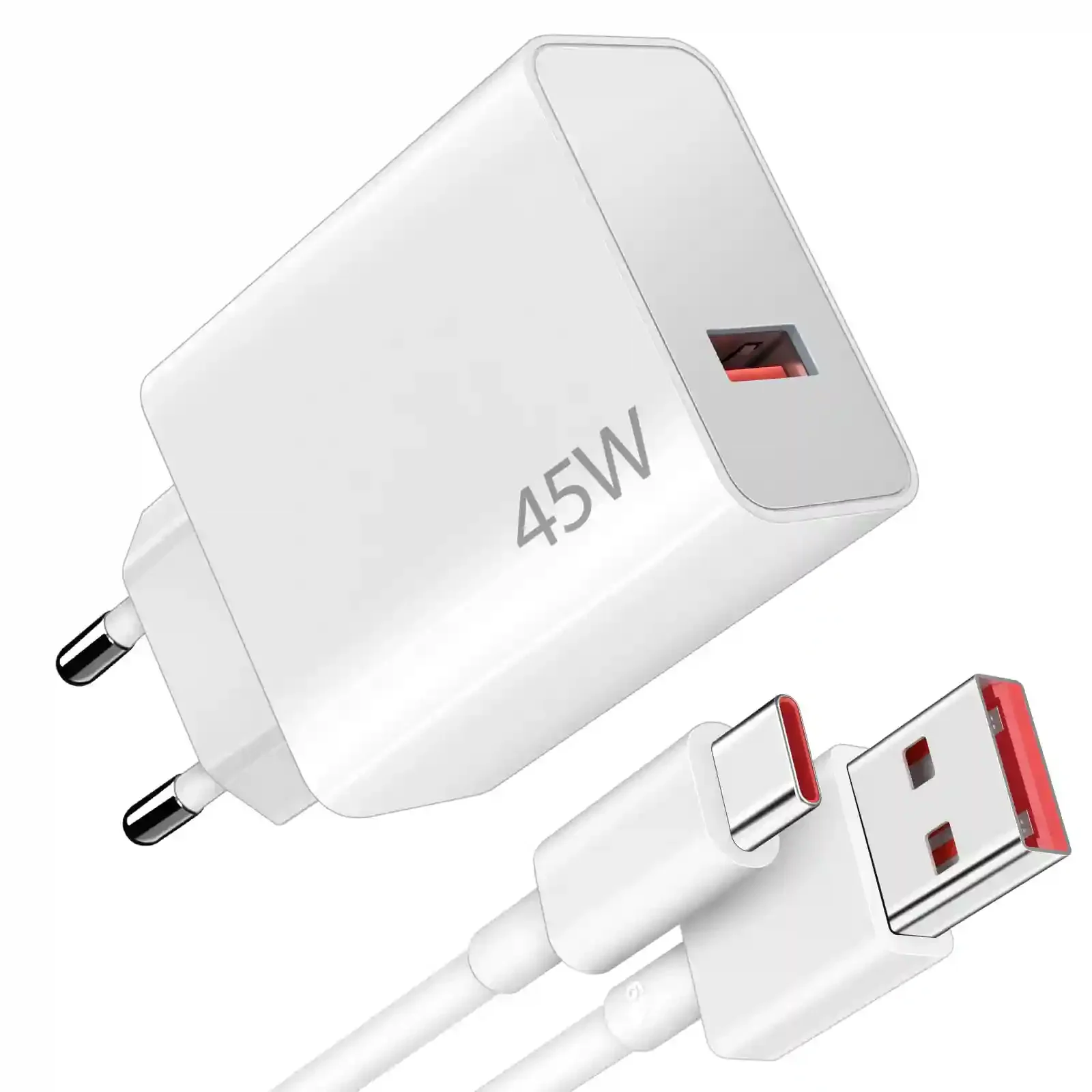 آداپتور سفید ۴۵ وات شیائومی با پورت USB-A قرمز و کابل USB-A به USB-C