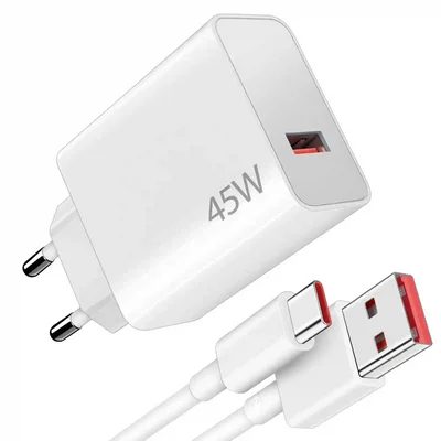 آداپتور ۴۵ وات شیائومی همراه کابل Type-A به Type-C آداپتور سفید ۴۵ وات شیائومی با پورت USB-A قرمز و کابل USB-A به USB-C