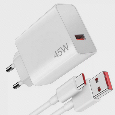 آداپتور سفید ۴۵ وات شیائومی با پورت USB-A قرمز و کابل USB-A به USB-C