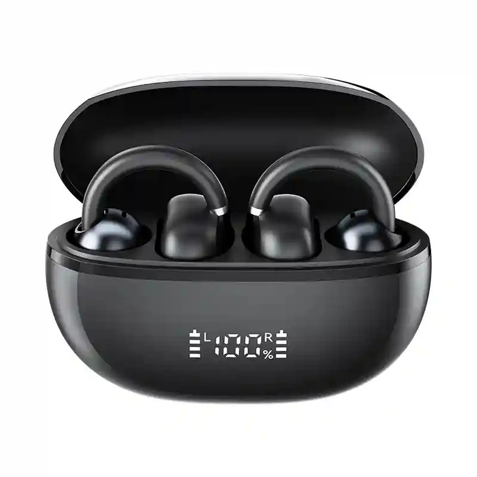 نمای اصلی Haylou Airfree مشکی با کیس باز هندزفری بلوتوث Haylou Airfree مشکی داخل کیس شارژ