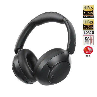 نمای سهرخ QCY H3 Pro با گواهیهای صوتی هدفون QCY H3 Pro مشکی با نشانهای Hi-Res Audio و LDAC