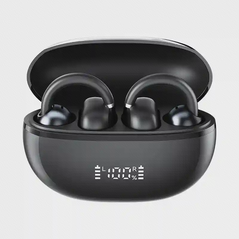 نمای اصلی Haylou Airfree مشکی با کیس باز هندزفری بلوتوث Haylou Airfree مشکی داخل کیس شارژ