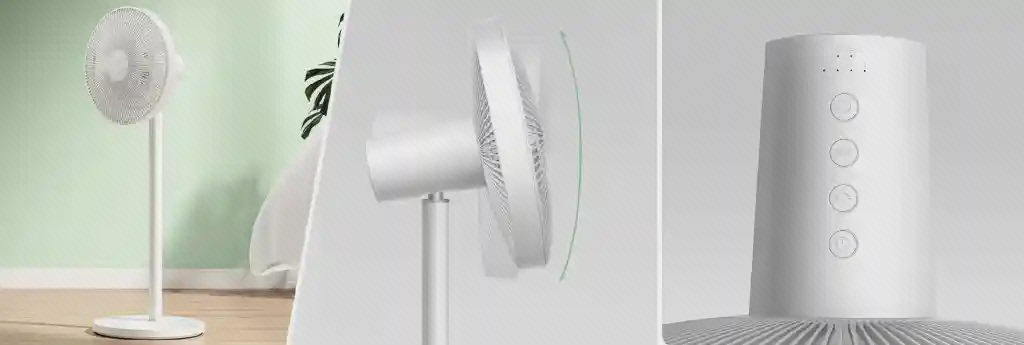 پوستر اجزای پنکه Mijia Standing Fan 1X سه نمای پنکه میجیا Standing Fan 1X شامل بدنه، سر پنکه و کلیدها